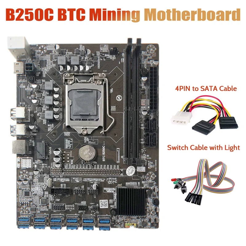 

B250C Miner Motherboard+Dual Switch Cable With Light+4PIN To SATA Cable 12 PCIE To USB3.0 Graphics Card Slot LGA1151