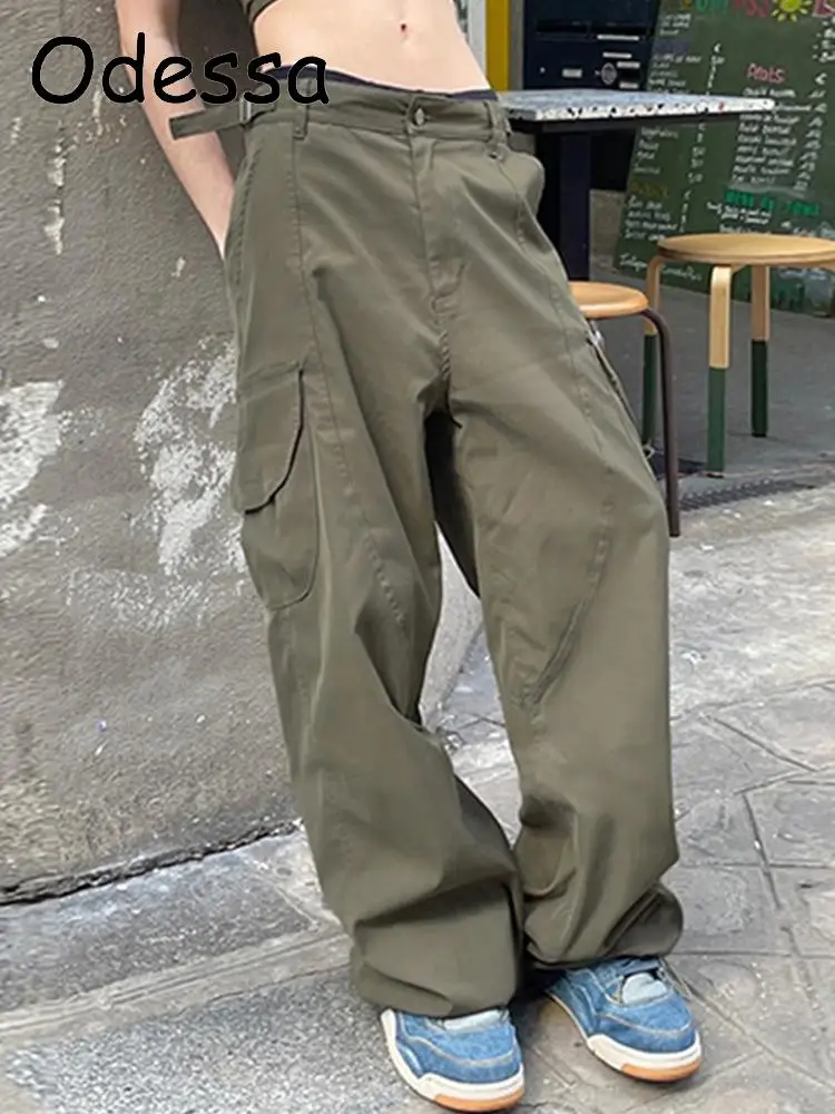 

Odessa 90S Vintage Cargo Pants Women Casual Baggy Wide Leg Sweatpants Solid Loose Drawstring Low Waist Hippie Joggers Trousers