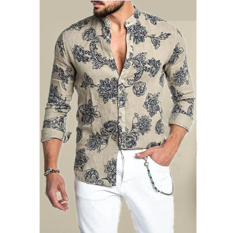 

Spring and Summer Clothes Cotton Polyester Shirt Men Long Sleeves Print Hawaiian Beach Casual Single-Breasted Stand Collar Shirt
