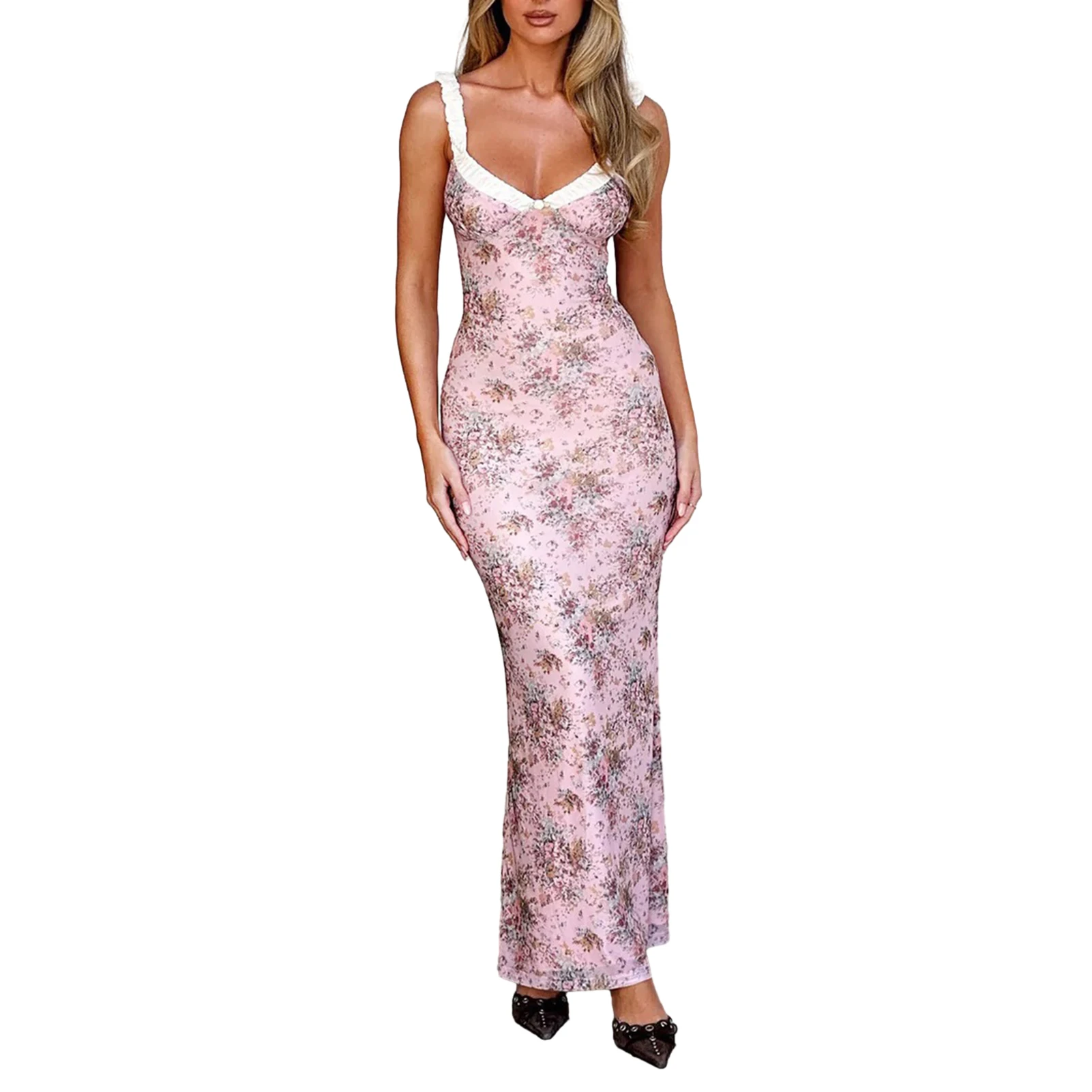 

Floral Print Bodycon Dress Slim Fit Women Spaghetti Strap Dress Backless Summer Maxi Dress Spicy Girl Patchwork Vacation Outfit