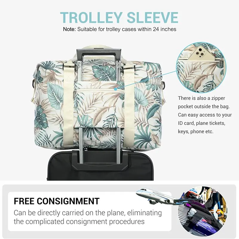 Weekender Bag for Women, Travel Tote Bag Gym Duffel Bag with Toiletry Bag, Carry On Bag Overnight Bag with Wet Pocket(White-Leaf