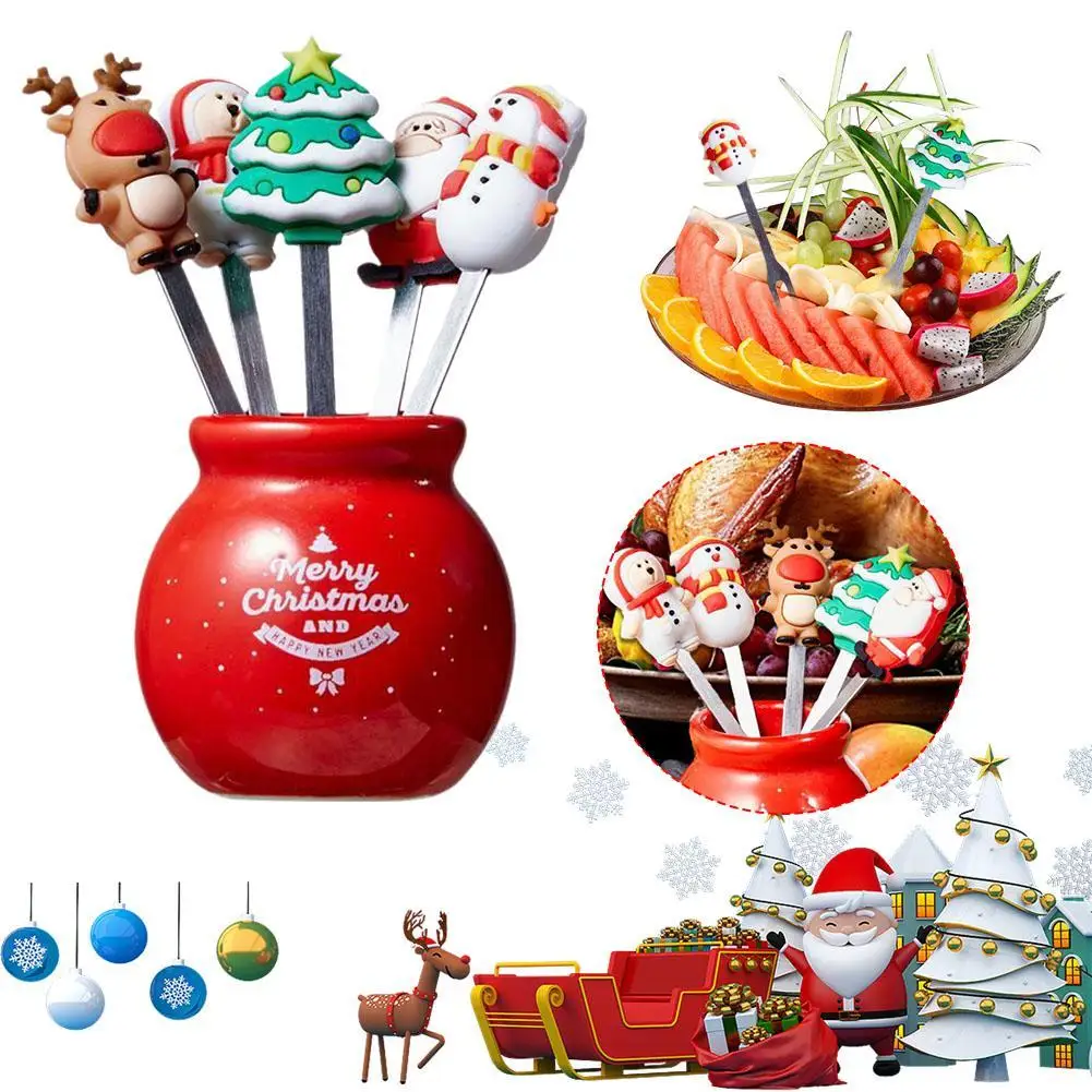 

5pcs/Set Cute Christmas Tree Stainless Steel Dessert Fruit Forks With Holder Mini Salad Food Cutlery Dinnerware Kitchen Gadgets