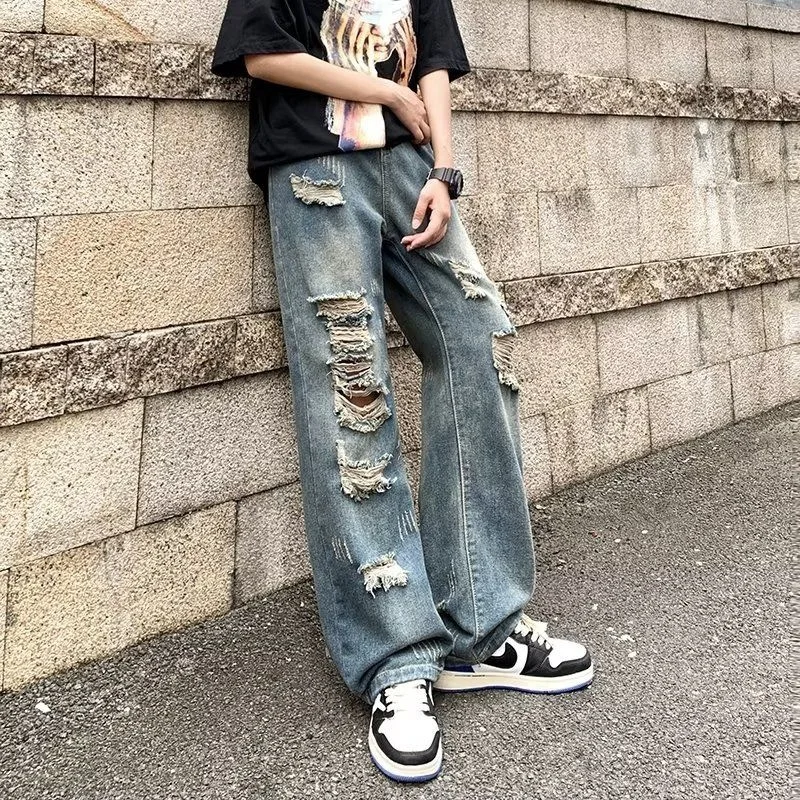 Summer Blue Ripped Jeans Men's Fashion Casual Baggy Straight Jeans Men Streetwear Hip Hop Loose Hole Denim Pants Mens Trousers