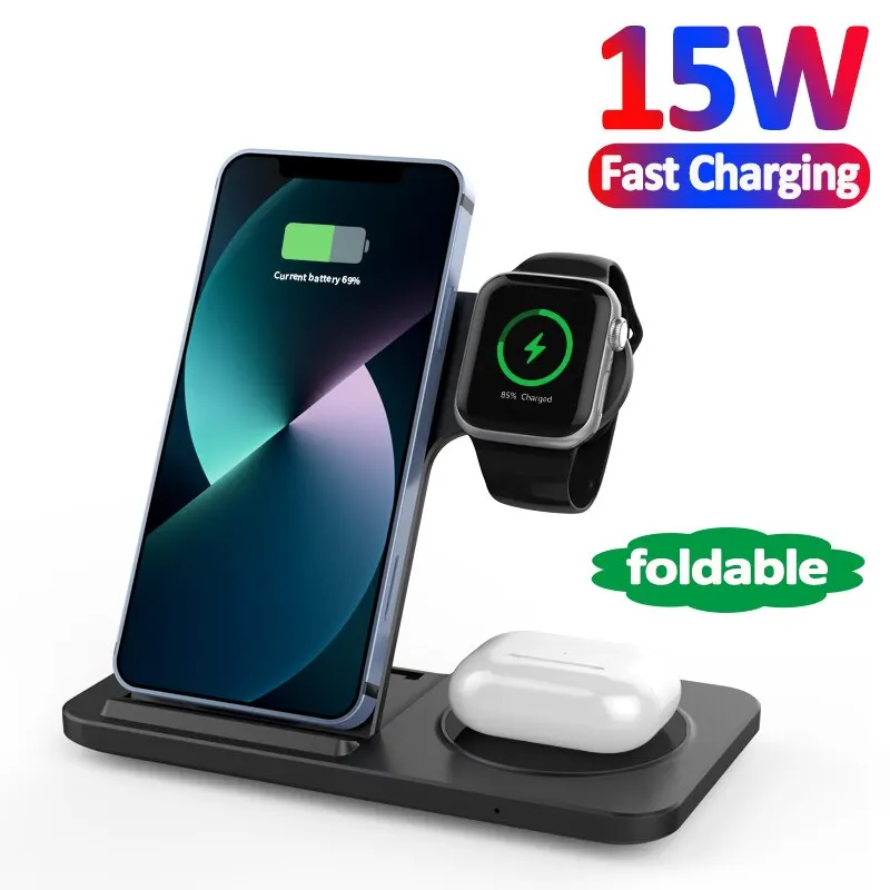 

15W Fast Wireless Charger Stand Pad For iPhone 14 13 12 11 Apple Watch Airpods Pro IWatch 3 in 1 Foldable Charging Dock Station