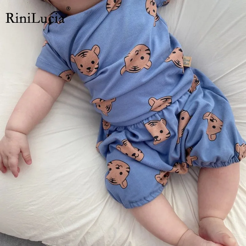 

RiniLucia 2022 Summer Korea Baby Boys Suit Tiger Print Tees T Shirts+Loose Shorts Girls 2Pcs Casual Infant Sets Toddler Clothes