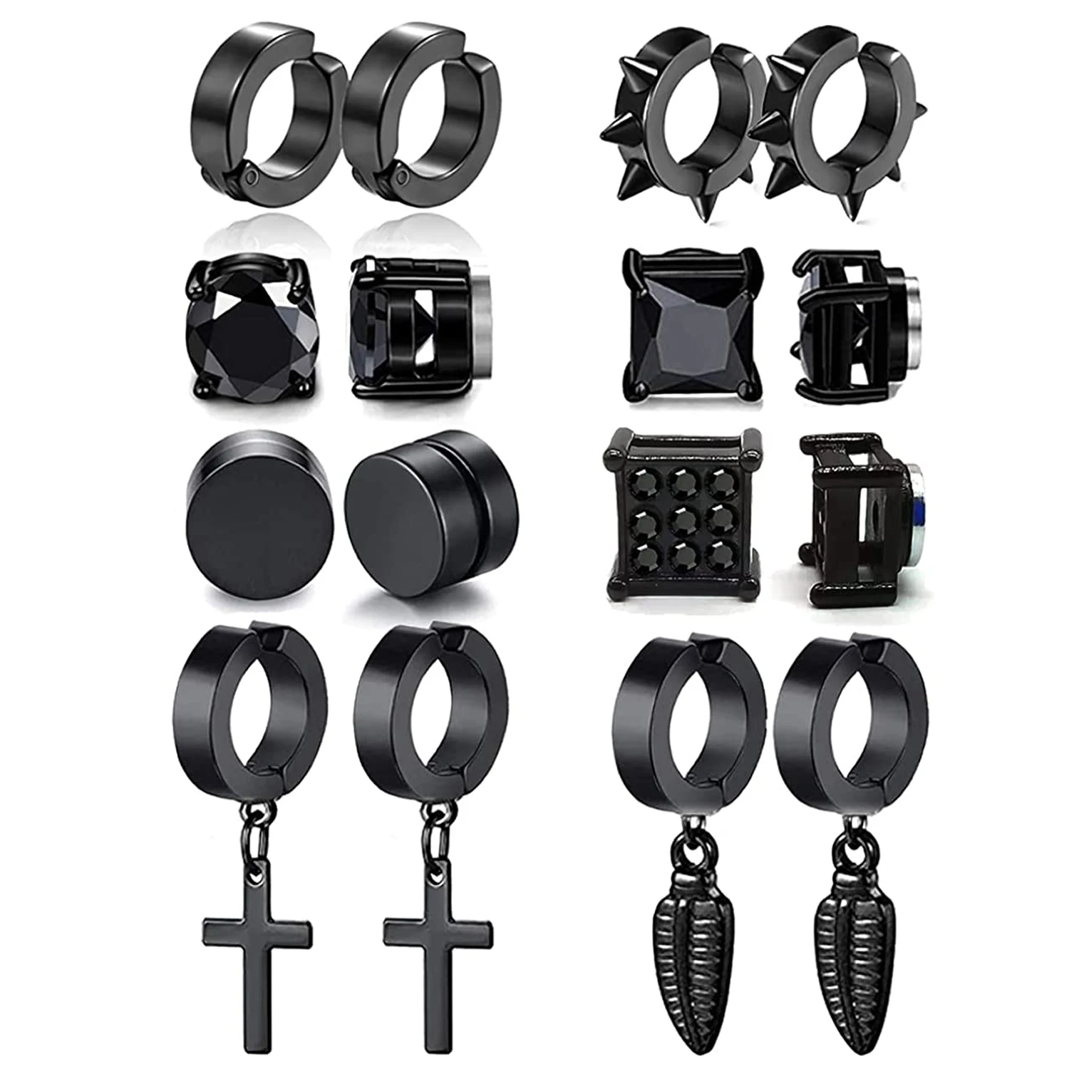 

8 Pairs Stainless Steel Non Pierced Magnetic Earrings for Men Women Black CZ Clip on Dangle Earrings Set