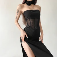 dress 2022 fashion summer new womens solid color self cultivation high waist fashion one word collar wrap chest dress
