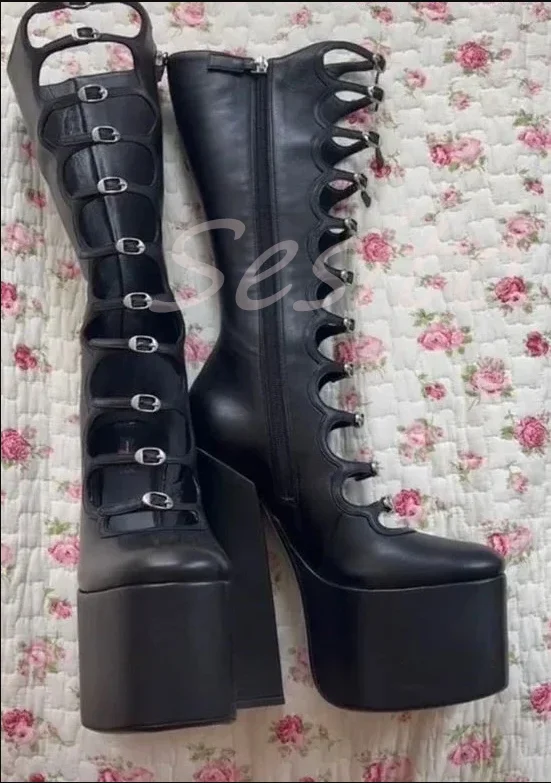 Высокие сапоги до колена на платформе с ремешками и застежкой-молнией