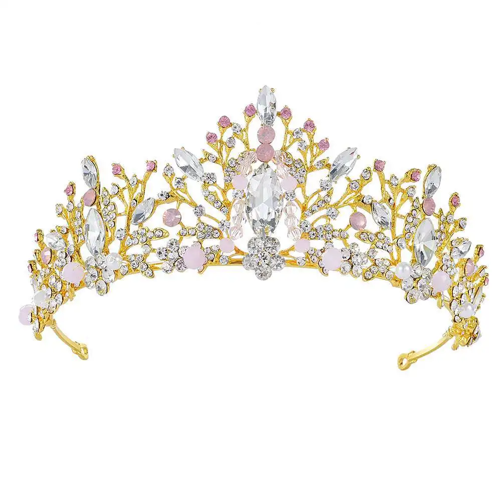 

High Quality Pink Colors Crystal Crown for Girls Small Tiaras Headdress Prom Wedding Dress Hair Jewelry Bridal Metal Accessories