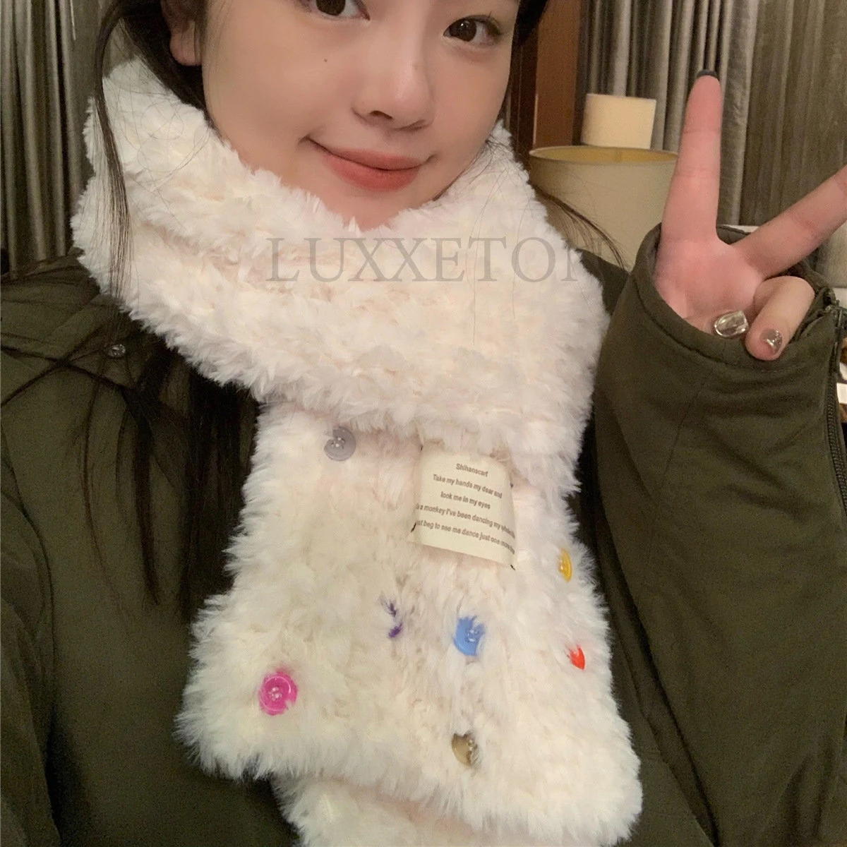 

Autumn and Winter New Fashion Color Button Plush Milk White Women's Scarf Thickened Warmth Wrapped with Shawl