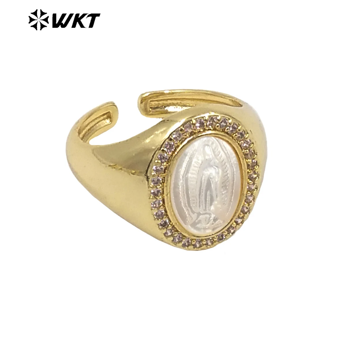 

WT-MR020 WKT Ornate Broad Brim Zircon Ring Oval Shell Carved Virgin Mary Pattern Gold Plated Ring Religious Ring Wholesale