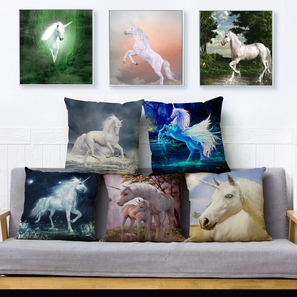 

Fantasy Unicorn Pegasus Print Throw Pillow Cover 45*45cm Square Cushion Cover Linen Pillows Cases Sofa Home Decor Pillow Case