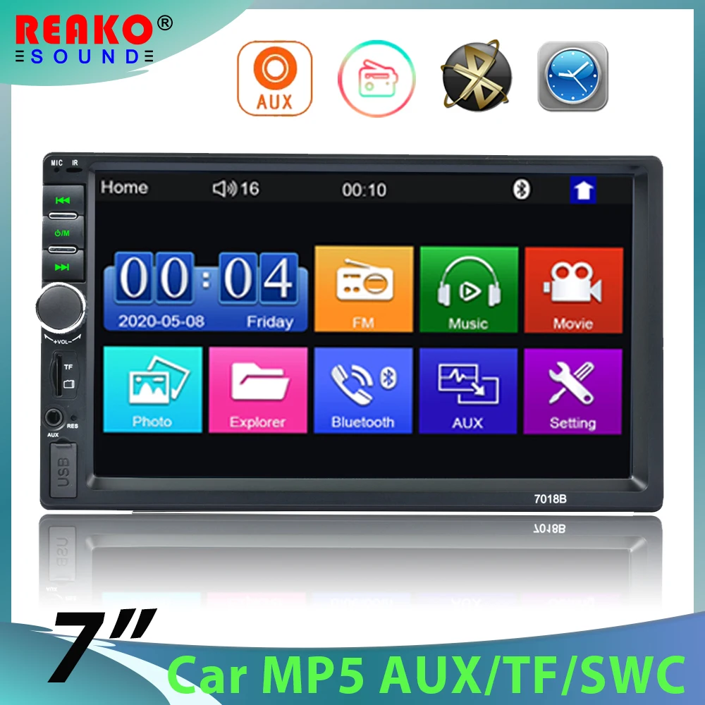 

Автомобильный радиоприемник реакosound 7018B, мультимедийный плеер 2 din с сенсорным экраном 7 дюймов, MP5, Bluetooth, USB, TF, FM, камерой