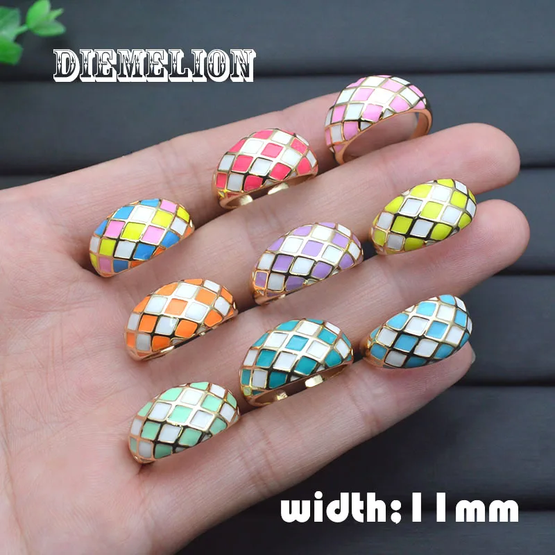 

10pcs/Lot Colorful Enamel Open Rings High Quality 18K Gold Plated Geometric Square Checkered Ring For Women Delicate Jewelry