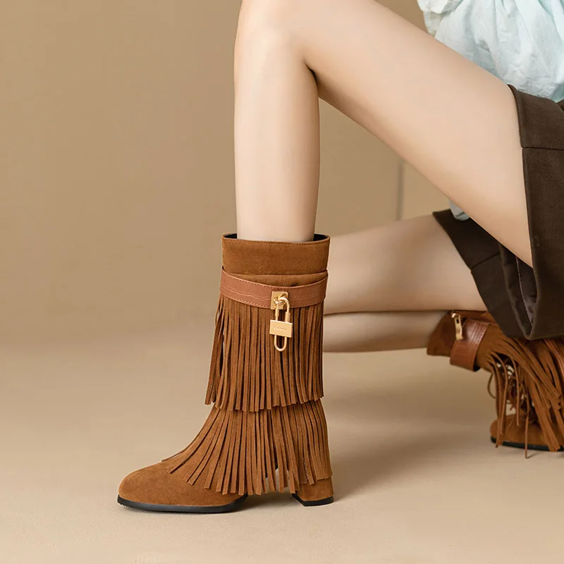 

Phoentin Fringe Boots For Women Elegant Winter Shoes 2023 Vintage Shoes Mid Calf Booties Zip Closure With Lock Decoration FT3024