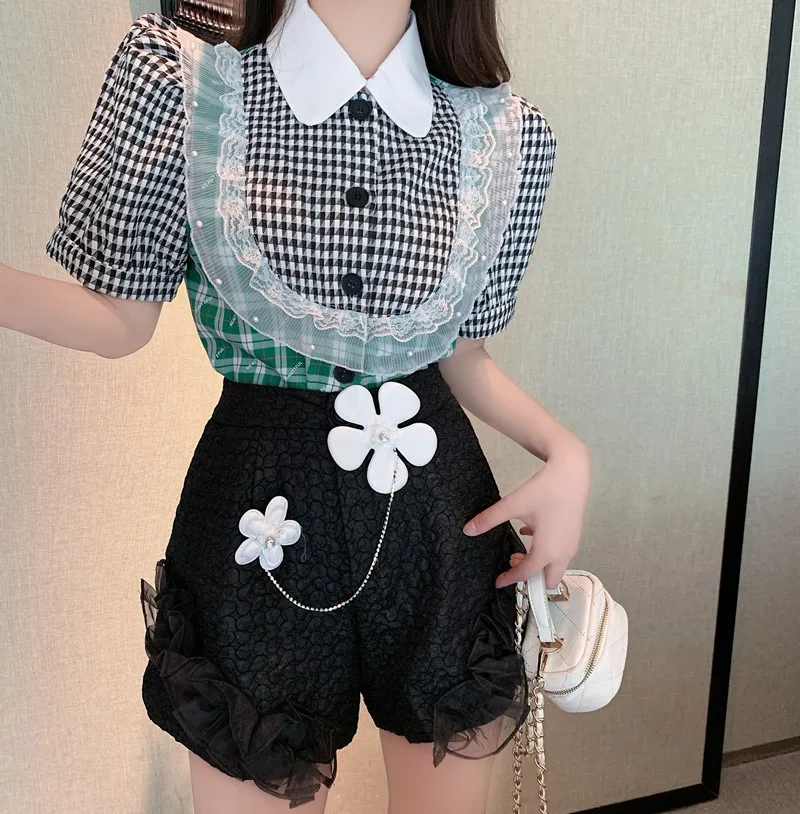 

Женский комплект из двух предметов, винтажный Модный кружевной клетчатый топ с оборками и шорты с высокой талией, элегантный милый костюм д...