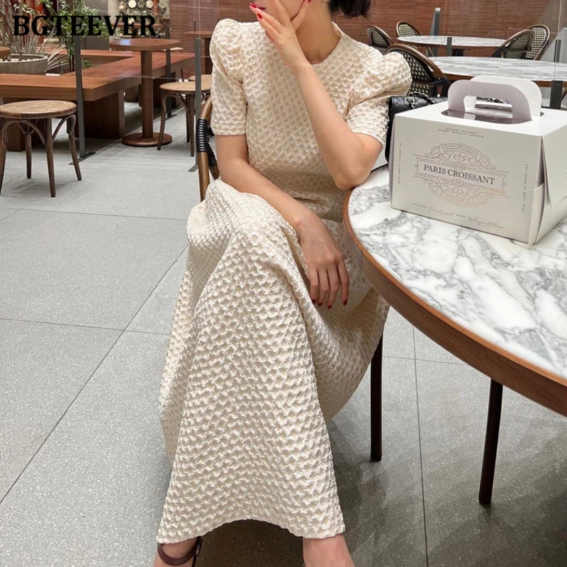 

BGTEEVER Casual O-neck Puff Sleeve Women Mid-Length Dress Summer Loose Vestidos Ladies Elegant Plaid Female A-line Dress