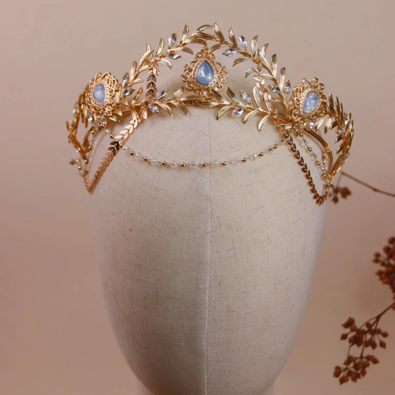 

Vintage Wedding Crown Women Prom Hairband Gold Color Leaf Bridal Forehead Tiara Bride Hair Piece Accessories