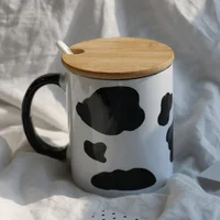 Cute Milk Cup Black And White Coffee Drinkware Water Simple Ceramic Mugs With Cover Spoon Lid Creative Gifts For Home Office Y2k