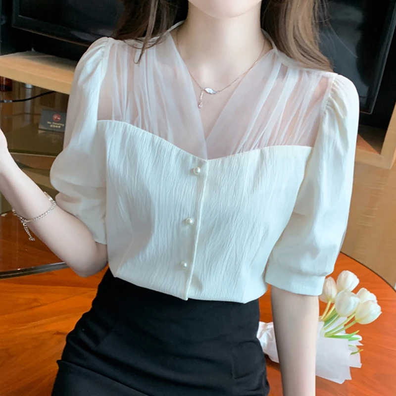 

Summer Women's Short Sleeve V-Neck French Bubble Sleeve Solid Color Mesh Spliced Chiffon Shirt Blusas De Mujer Blouses C818