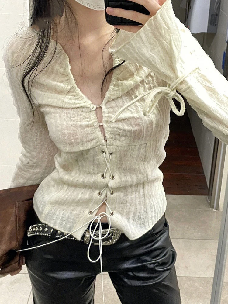 

Sexy Lace Up T-shirts Women Long Sleeve Y2k Vintage T Shirt Streetwear Female Fashion V Neck Slim Tees Top Spring Summmer