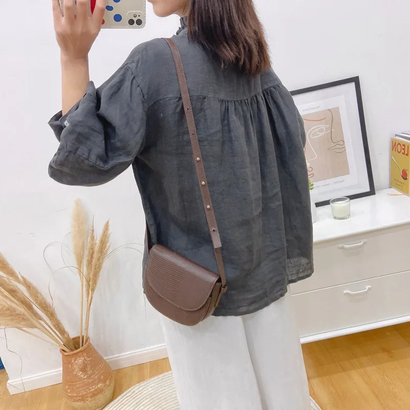 Женская винтажная льняная рубашка Johnature блузка в стиле мори с оборками