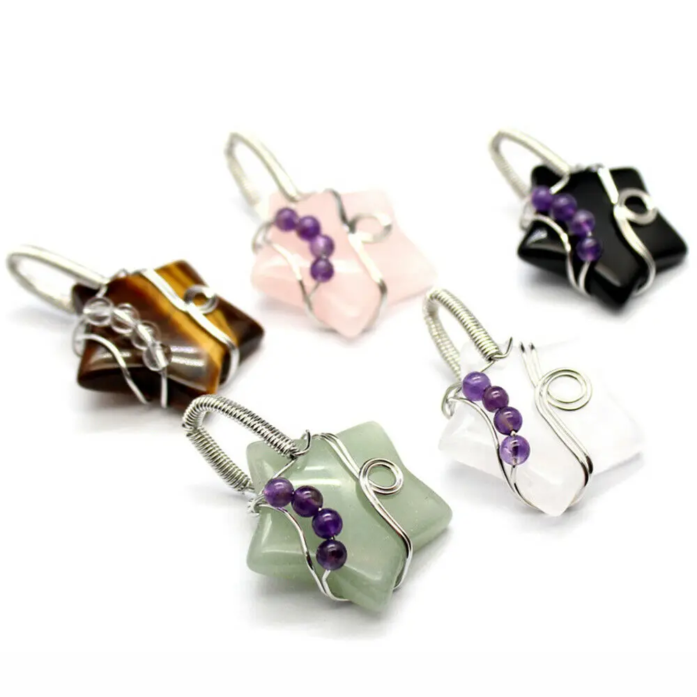 

1PC Star Shape 28mm Natural Crystal Stone Pendant Sliver-Color Wire Wrap with 4mm Round Beads Amethyst Gemstone for DIY Jewelry