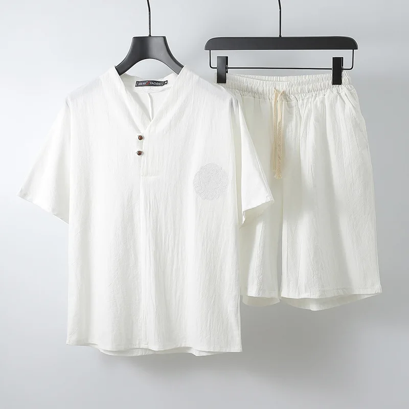 

Chinese Style Cotton Linen New Suit Men's Casual Summer Summer Short Sleeve Loose Linen Menswear Clothing Two-Piece Suit