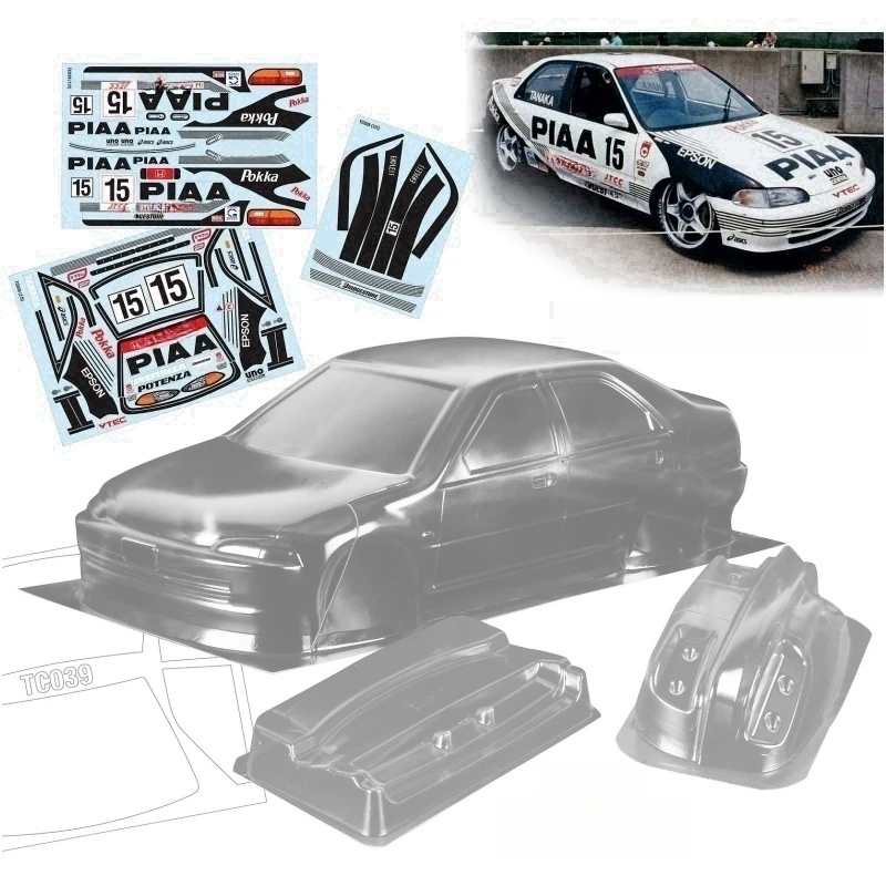 

Прозрачный чехол для автомобиля 1/10 Honda EG9 JTCC Lexan с задним крылом и зеркалом и строчками + цветные наклейки