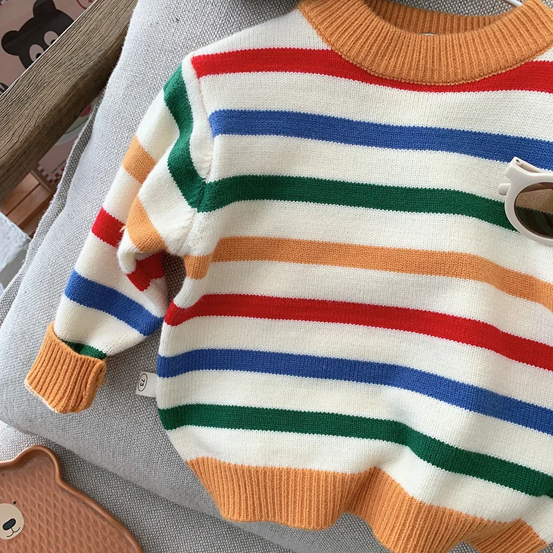 Autumn Toddler Girls Striped Knitted Sweater Pullover Kids Cotton Clothes Baby Boys Rainbow Knitwear Outwear Children Undershirt