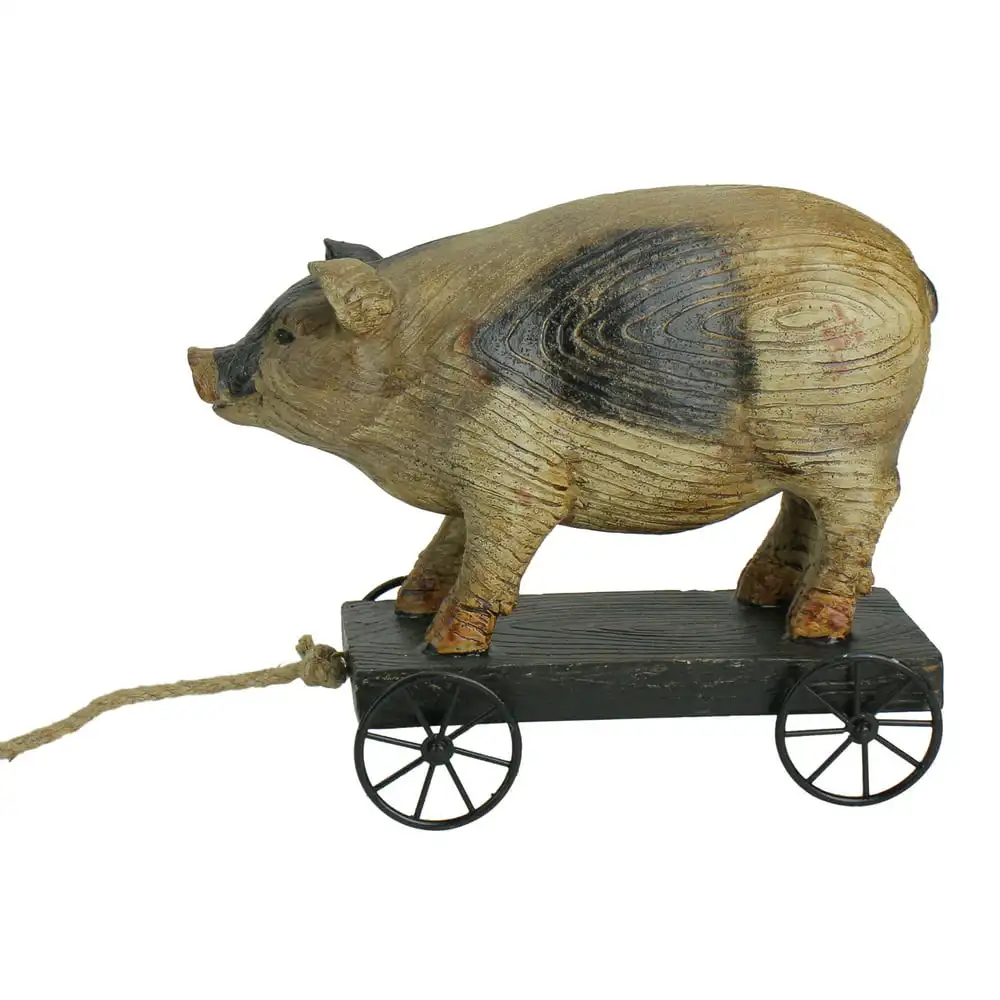 

10" Black and White Wood Textured Pig on Cart Outdoor Garden Statue