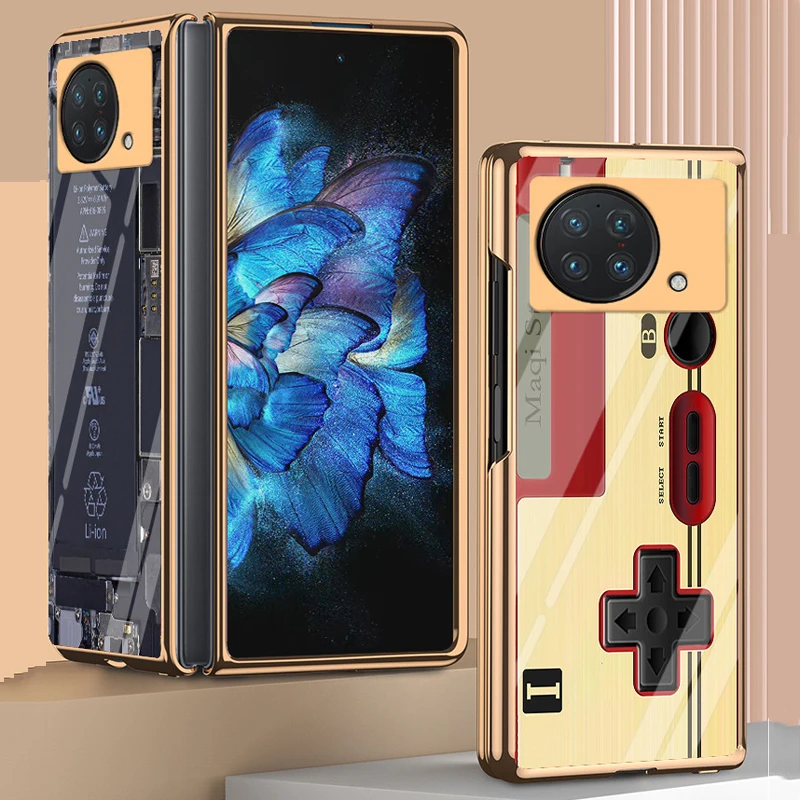 

X Fold Funda Case for Vivo X Fold Retro Tape Speaker Game Console Pattern Plating Tempered Glass Protection Phone Case Cover