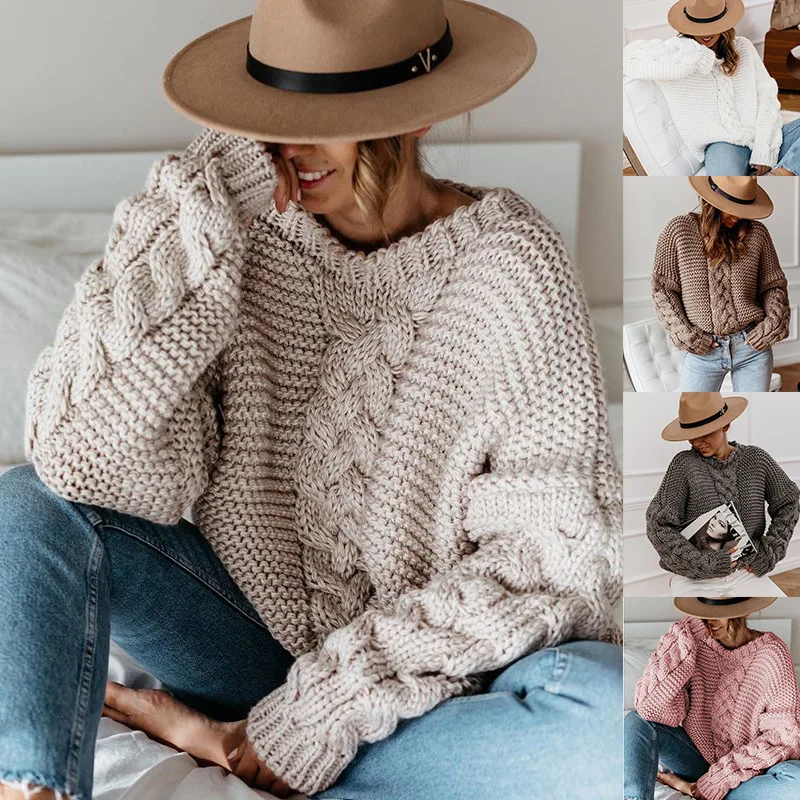 

Solid pullover V-neck fried dough twist loose sweater casual sweater
