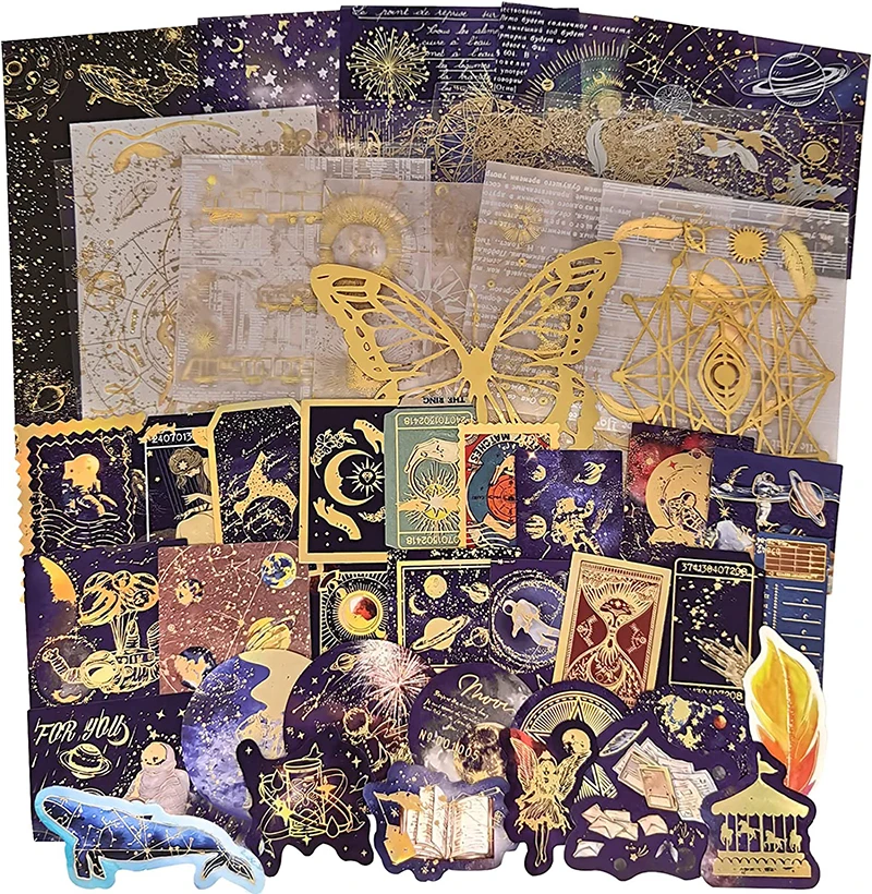 

Винтажные бронзовые принадлежности для книг с галактикой, волшебные наклейки из черной золотой фольги, декоративные астрономические наклейки с изображением звездного неба, космоса, галактики