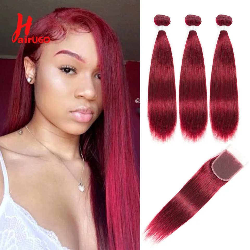 HairUGo Burgundy Remy Human Hair Bundles With Closure Pre Colored Straight 4x4 Lace Closure With Bundles Brazilian Hair Weaving