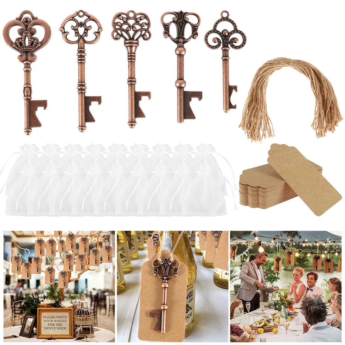 30pcs Key Bottle Opener Kit Wedding Party Favor Vintage Key Bottle Opener with Paperboard Tag Card Wedding Souvenirs Party Gifts