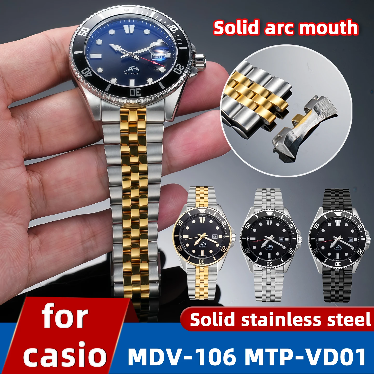 Фото Ремешок для часов из нержавеющей стали 22 мм для Casio Duro MDV-106 MDV-106B MDV-106G MDV-107-1A MTP-VD01, мужской металлический браслет с инструментами №1