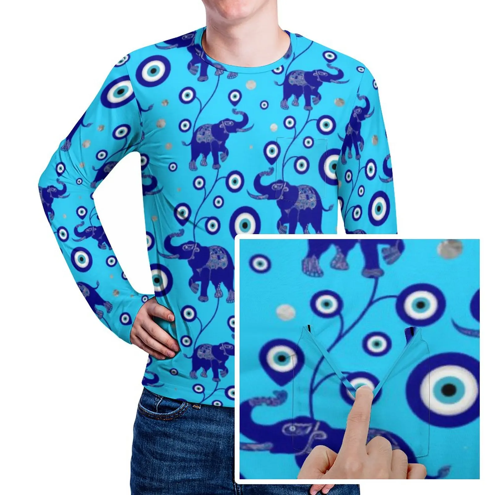 

Футболка с изображением слона сглаза, осенняя синяя футболка с амулетным принтом, Потрясающие мужские модные футболки с рисунком