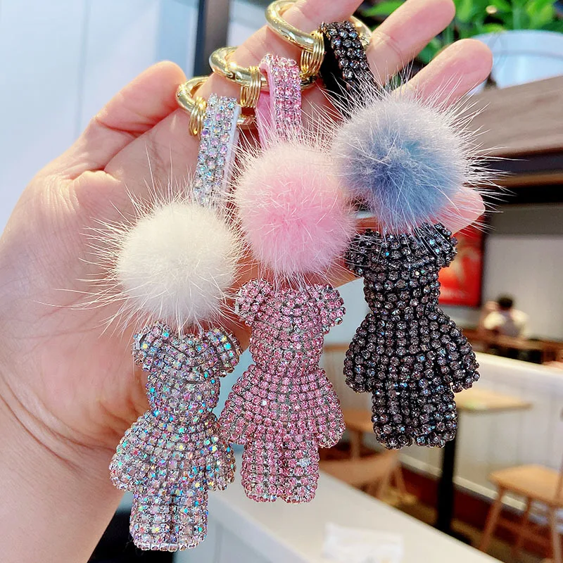 

Rhinestone Violent Bear High-end Car Bag Keychain Mink Hairball Bear Pendant Jewelry Key ring Keychains Accessories