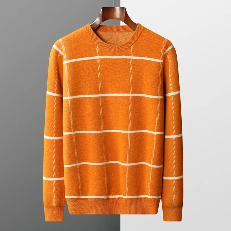 Cashmere Sweater Men's Round neck Pullover Autumn and Winter Casual Knitted Plaid Top 100% Pure Wool Large Size Cashmere Sweater