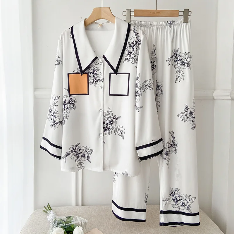 

New Sleep Set Print Flower Women 2PCS Pajamas Suit Long Sleeve Loungewear Satin Home Clothing Pyjamas Intimate Lingerie