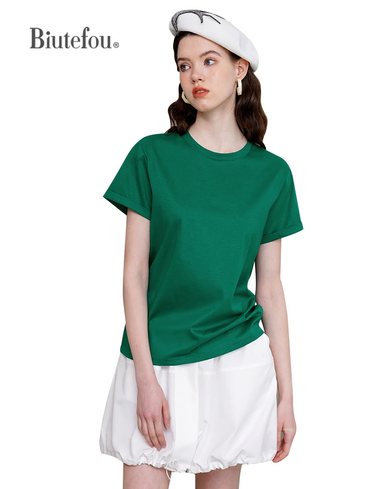 

2023 Summer Women Elastic Skin-friendly Cotton Round Neck Slim T-Shirt