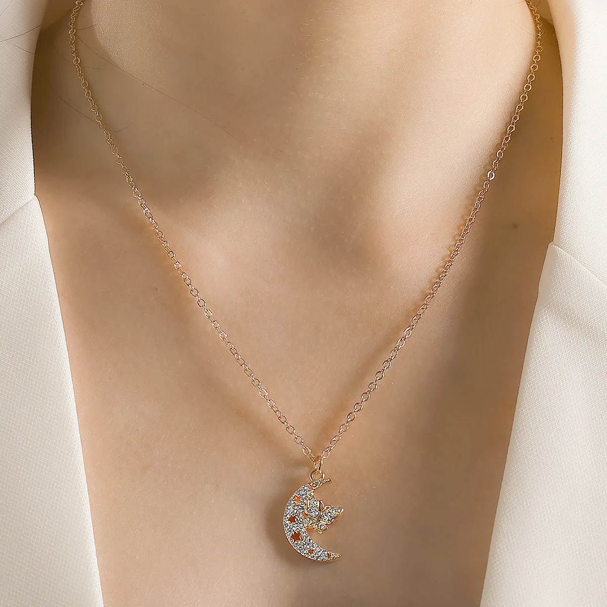 

Trendy Jewelry Chain Pendant Necklaces for Women Girl Chokers Inlay Rhinestone Bowknot Moon Pendant Chain Necklace Festive Gift