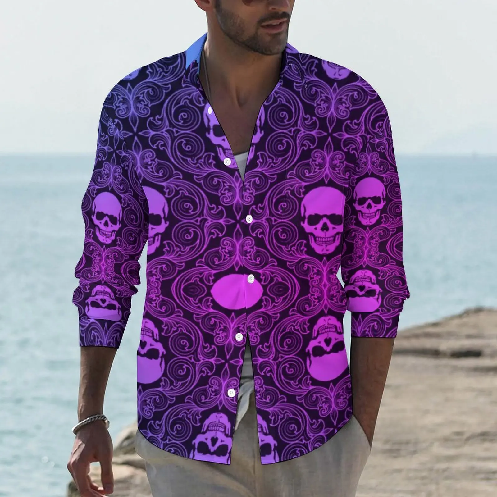 

Abstract Skull Print Casual Shirts Men Retro Halloween Shirt Long Sleeve Trending Aesthetic Blouses Autumn Graphic Top Plus Size