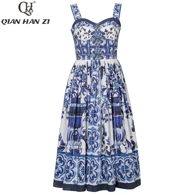 

Qian Han Zi Designer Fashion Runway Spaghetti Strap Dress vintage cotton Blue and White Porcelain Print dress for women summer