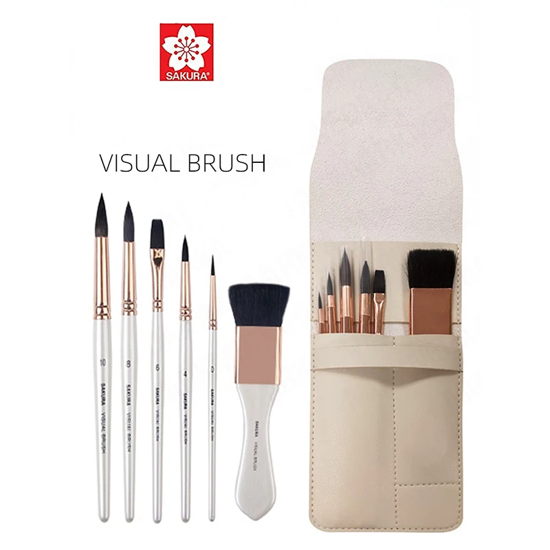 

6 шт. SAKURA, визуальная кисть, белка, художественная Акварельная кисть, портативный дорожный набор из искусственной кожи для искусственной живописи