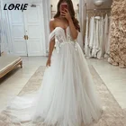 Сексуальное свадебное платье LORIE с глубоким V-образным вырезом и открытыми плечами, свадебные платья а-силуэта с короткими рукавами в богемном стиле, свадебные платья принцессы, кружевное платье для невесты с жемчугом