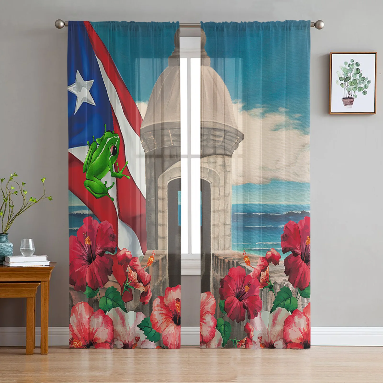 

Puerto Rico Flag Frog Hibiscus Modern Tulle Curtains For Living Room Sheer Curtain Bedroom Voile Decorative Window Treatments