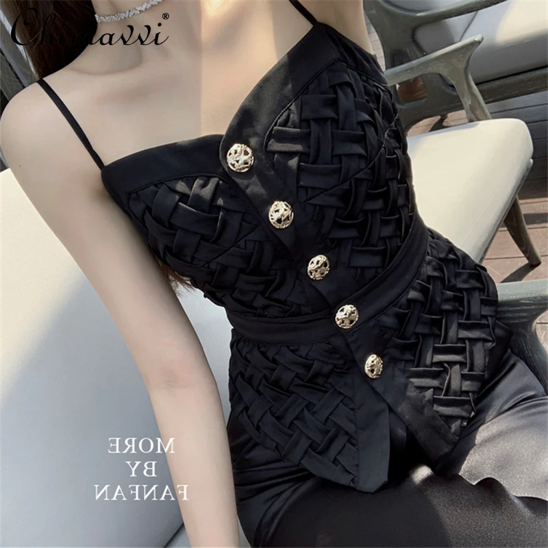 

Fashion Solid Color Single-Breasted Slimming Sling for Female 2022 Summer New All-Matching Off-shoulder Camisole Women's