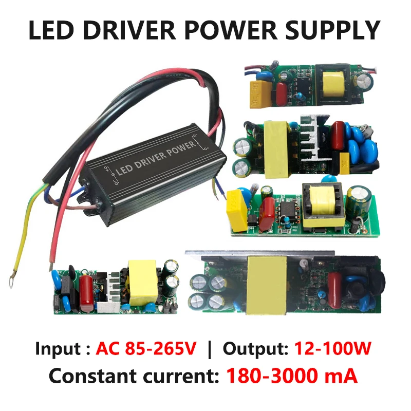 LED Driver Power Supply 85-265V AC to DC 24-36V 12-100W 280-3000mA Aluminum Case Glued Waterproof IP65 for Constant Current Lamp